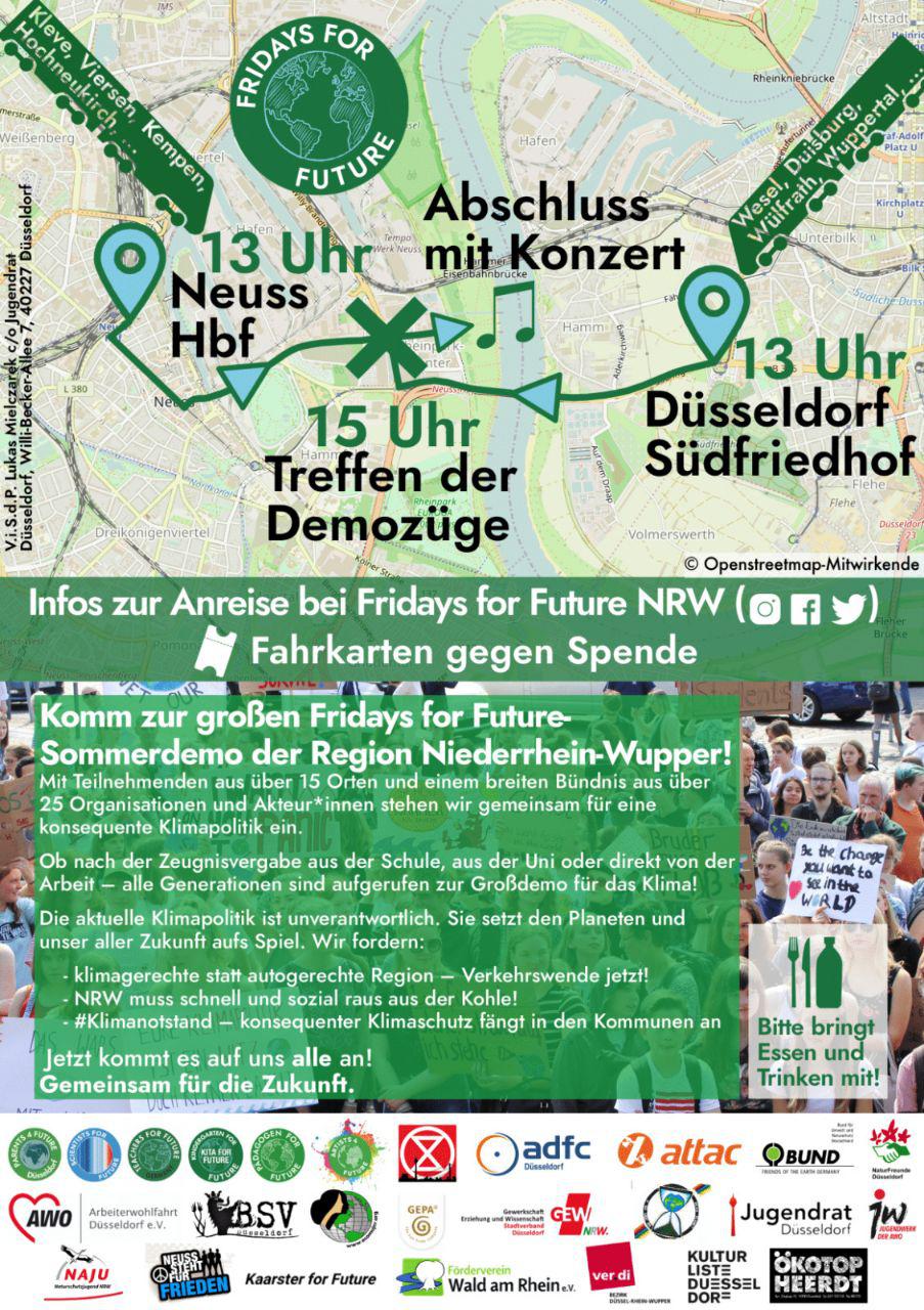 Karte Demoroute | 13 Uhr Neuss Hbf & Düsseldorf Südfriedhof | 15 Uhr Treffen der Demozüge | Abschluss mit Konzert